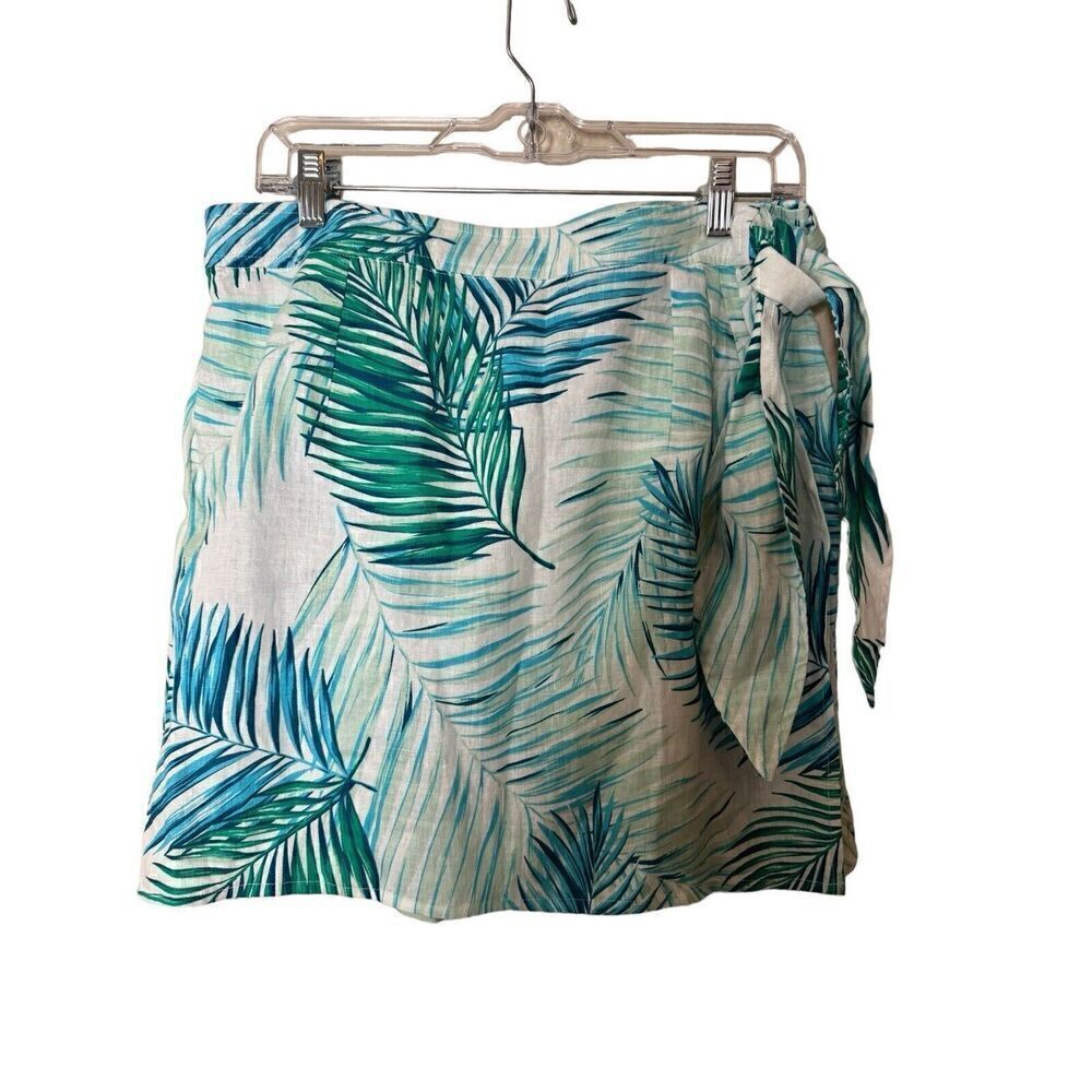 TAHARI Womens 100% Linen Palm Leaf Wrap Mini Skirt With Elastic Back Size XL
